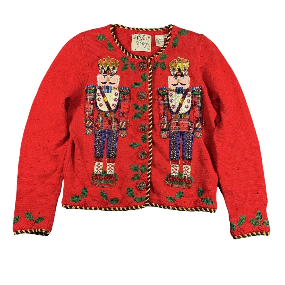 Vintage Michael Simon Cardigan Sweater Womens Small Red Nutcracker Christmas